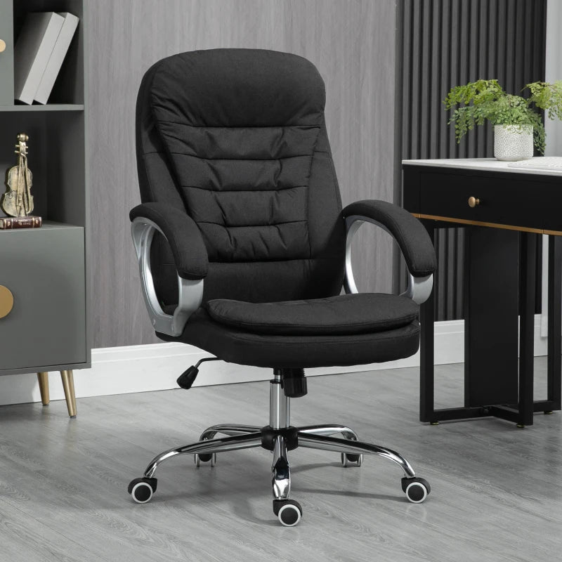 Black Linen Ergonomic Office Task Chair with Armrests & Swivel Wheels