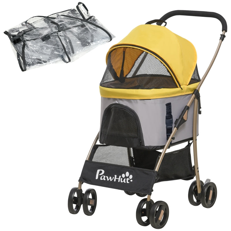 Yellow Pet Stroller with Rain Cover for Small Dogs