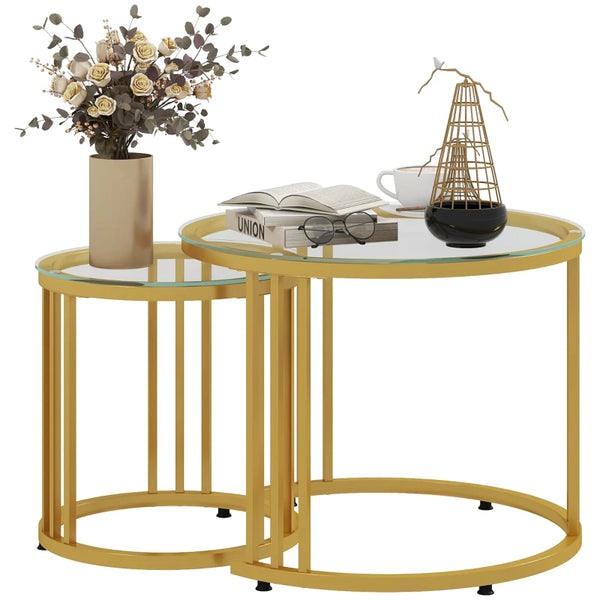 Gold Tone Round Glass Coffee Tables Set of 2, Steel Frame, 60cmx60cmx47cm