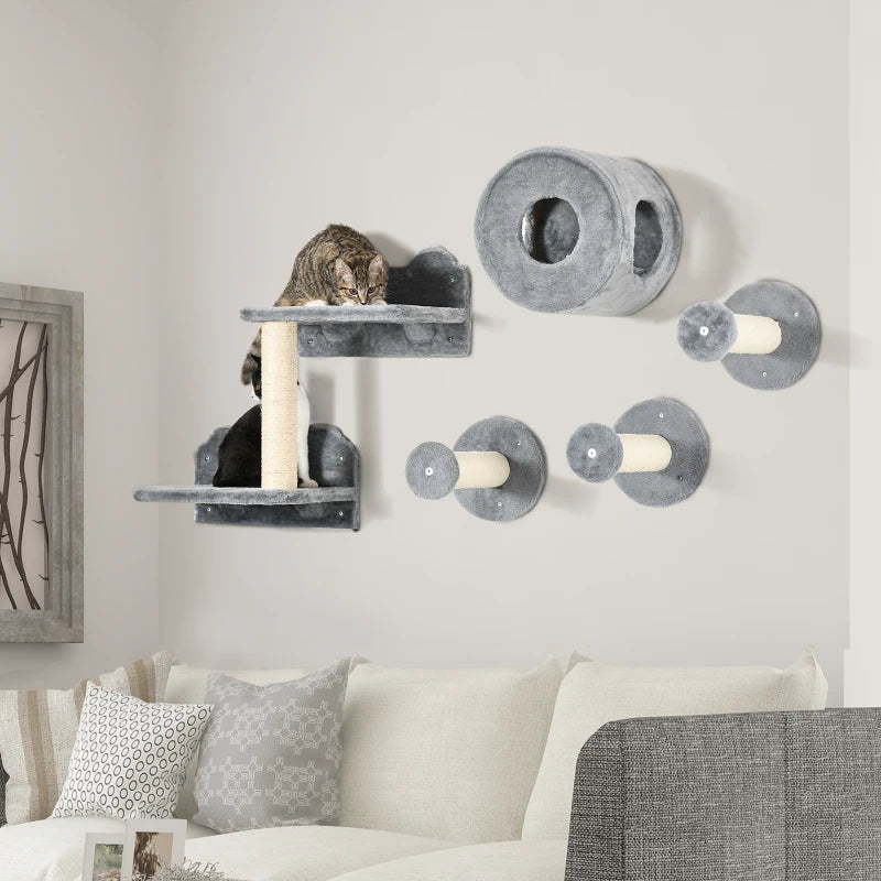 Modern Grey Cat Wall Set with Perch, House & Scratching Post