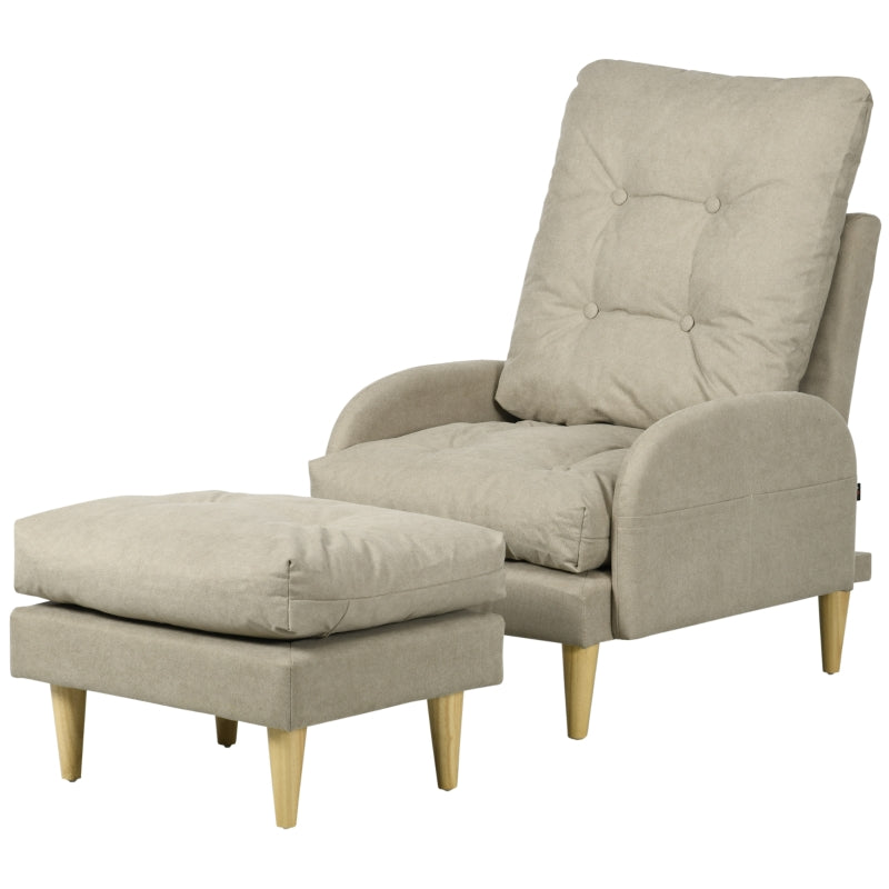 Beige Upholstered Recliner Armchair Set with Footstool - Modern Button Tufted Accent Chair