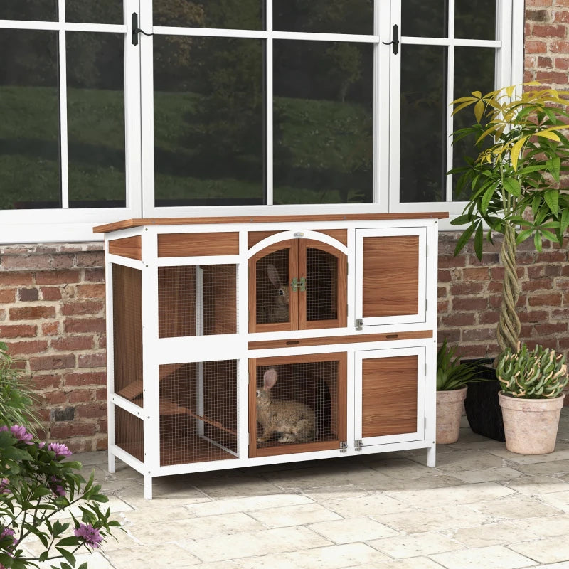 Wooden Two-Tier Pet Hutch - Openable Roof, Slide-Out Tray (Natural)