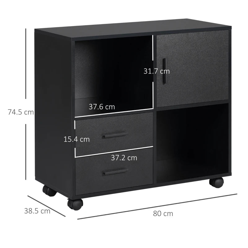 Black Printer Stand with Wheels, Shelves, Drawers & Compartment, 80x38.5x74.5cm