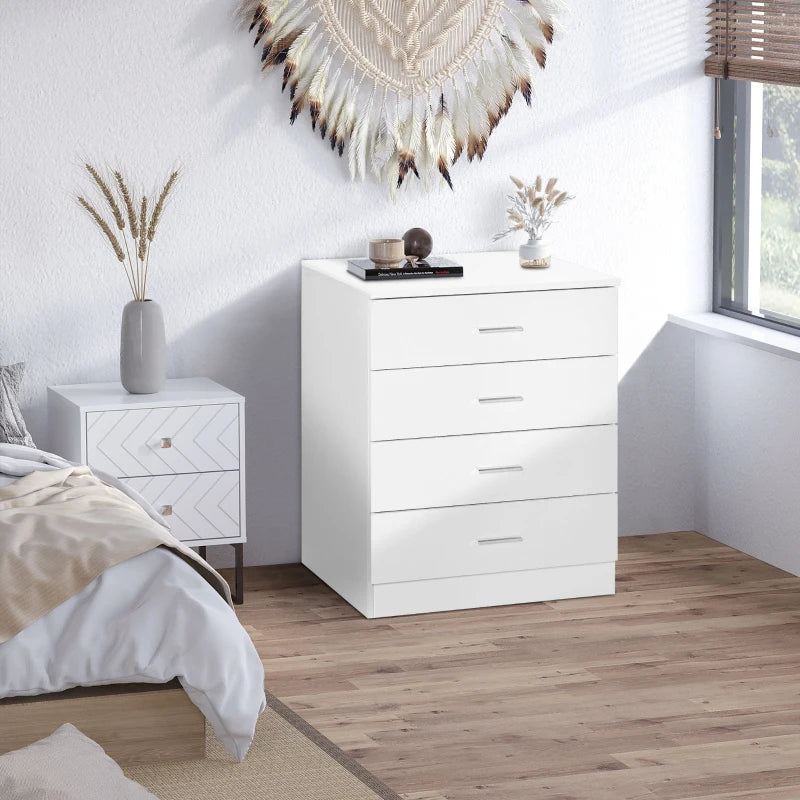 4-Drawer White Storage Cabinet with Metal Rails for Playroom, Nursery, Hallway