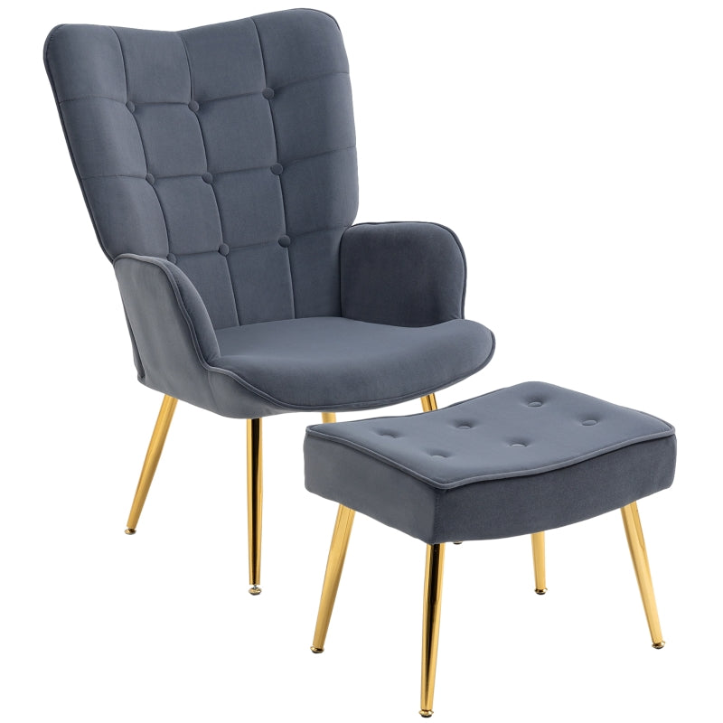 Dark Grey Velvet Armchair Set with Ottoman - Modern Steel Legs Accent Chair for Living Room, Bedroom