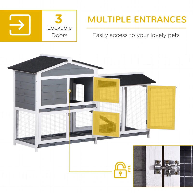 Grey 2-Tier Wooden Rabbit Hutch with Tray Ramp