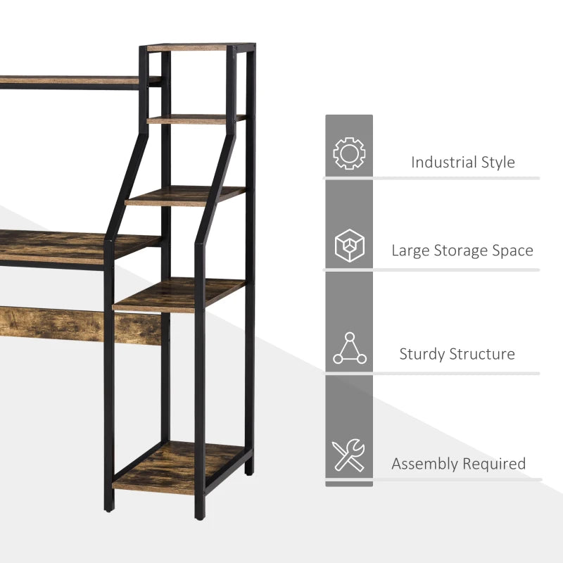 Rustic Brown Industrial Computer Desk with 6 Tier Shelves