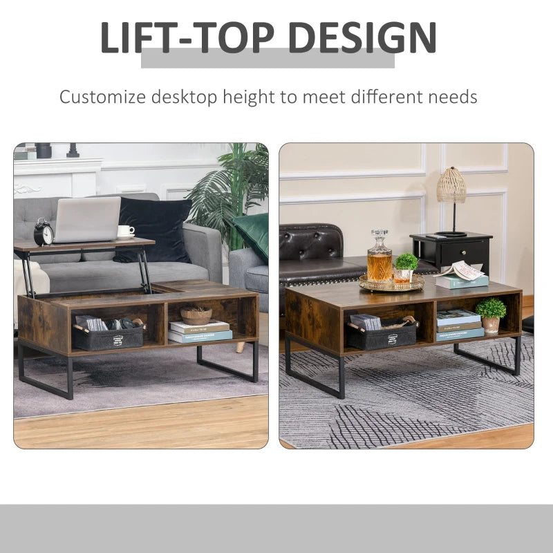 Brown Extendable Lift-Top Coffee Table with Hidden Storage Drawer