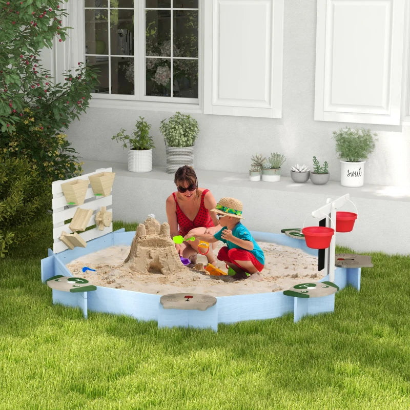 Blue Wooden Sandbox with Six Seats and Accessories for Ages 3-7