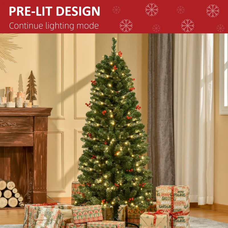 5FT Pre-lit Green Pencil Christmas Tree with Warm White LED Lights and Red Berries