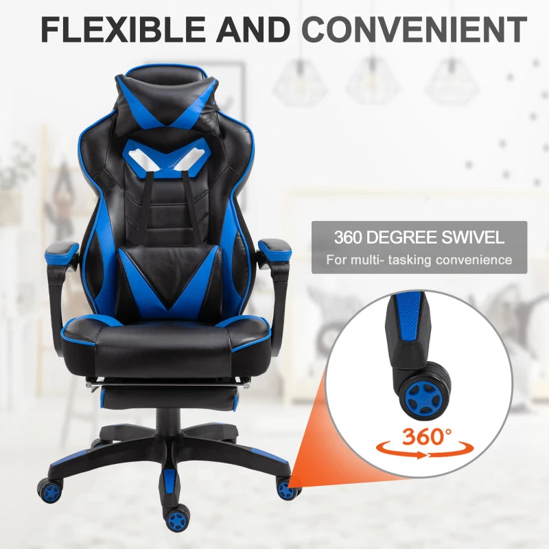 Blue Gaming Chair with Lumbar Support, Footrest, and Headrest