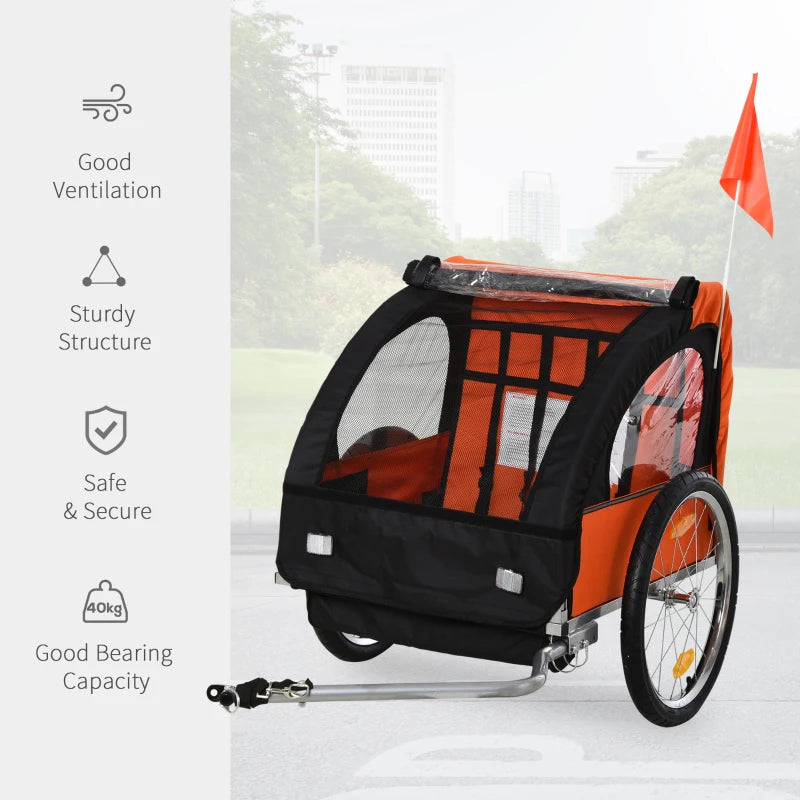 Orange Black 2-Seat Child Bike Trailer with Safety Harness