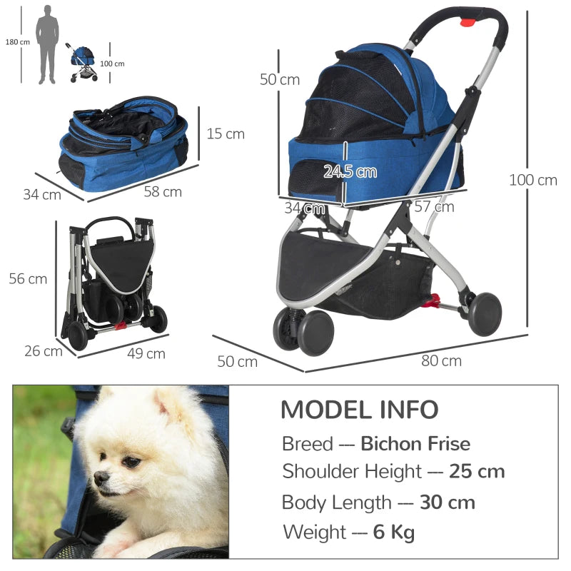 Foldable Dark Blue Pet Stroller with Canopy & Storage