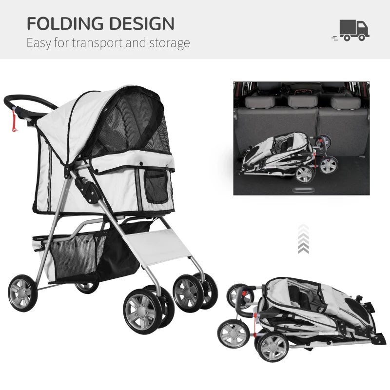 Grey Dog Stroller with Rain Cover for Small Dogs