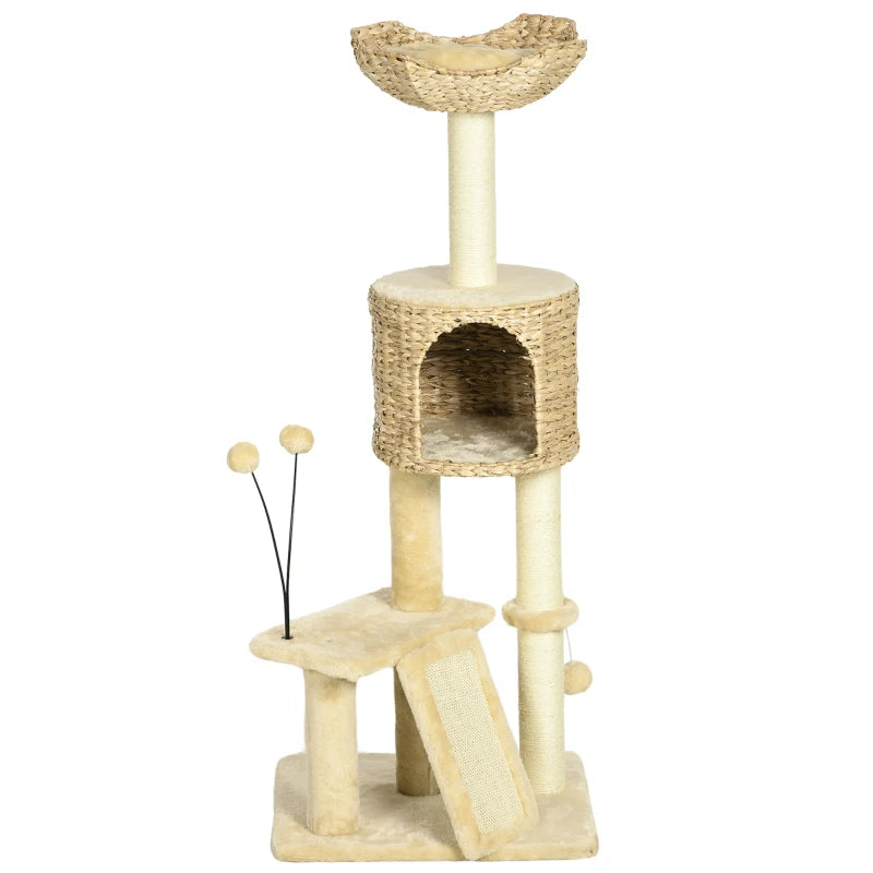 Beige Cat Tree Tower with Scratching Post, House, Bed, Toy Ball, Platform