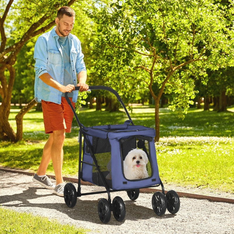 Foldable Pet Stroller with Cushion and Storage Bags, Dark Blue