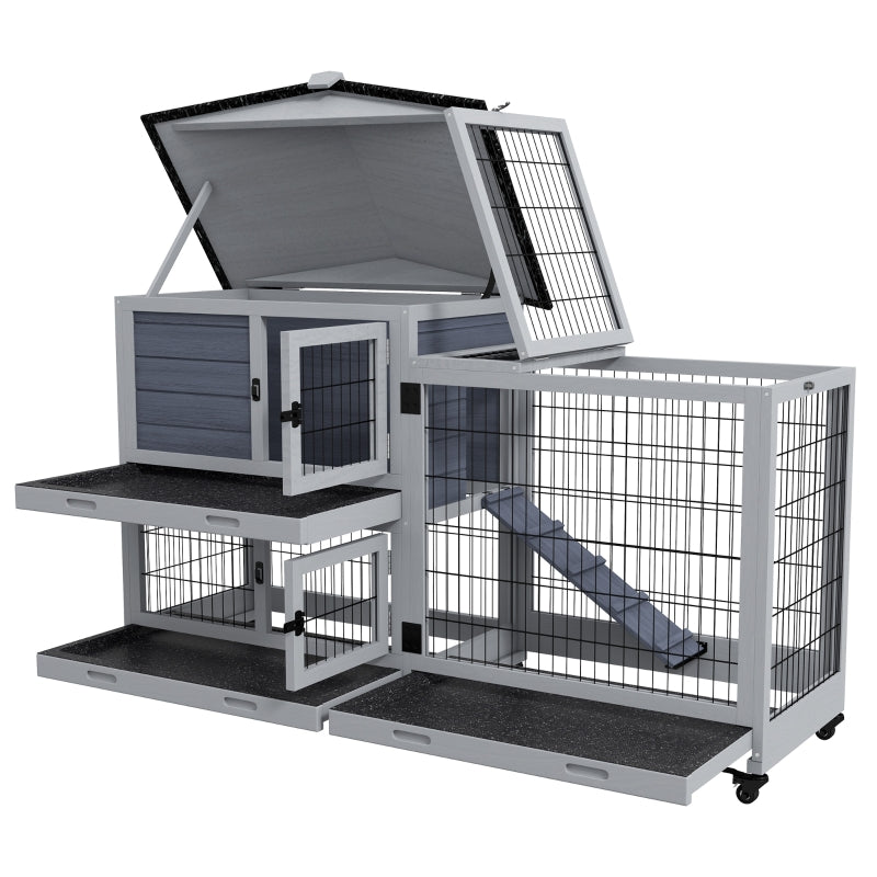 Grey Portable Rabbit Cage with Run, Wheels, Ramp - Indoor/Outdoor