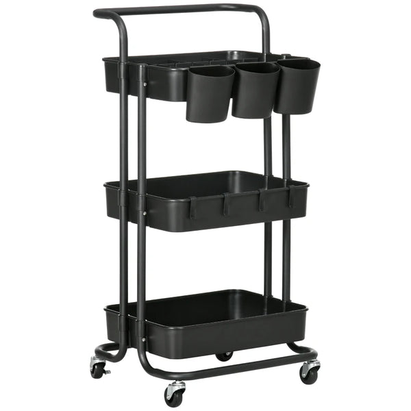 Black 3 Tier Utility Rolling Cart with Baskets and Hooks