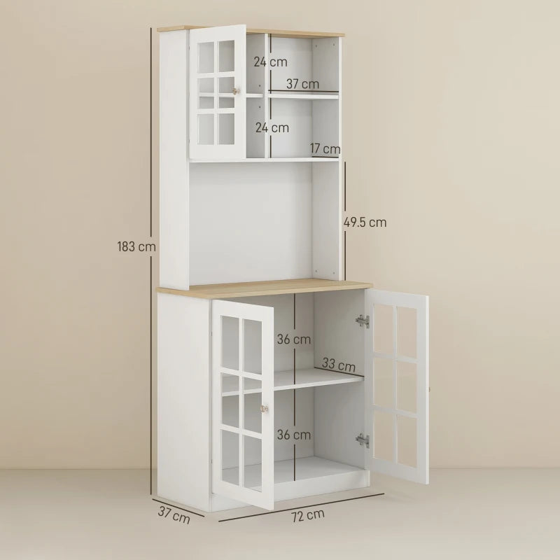 White Freestanding Kitchen Storage Cabinet with Adjustable Shelves and Glass Doors