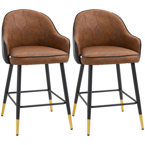 Brown Upholstered Leather Bar Stools Set of 2 with Tufted Back