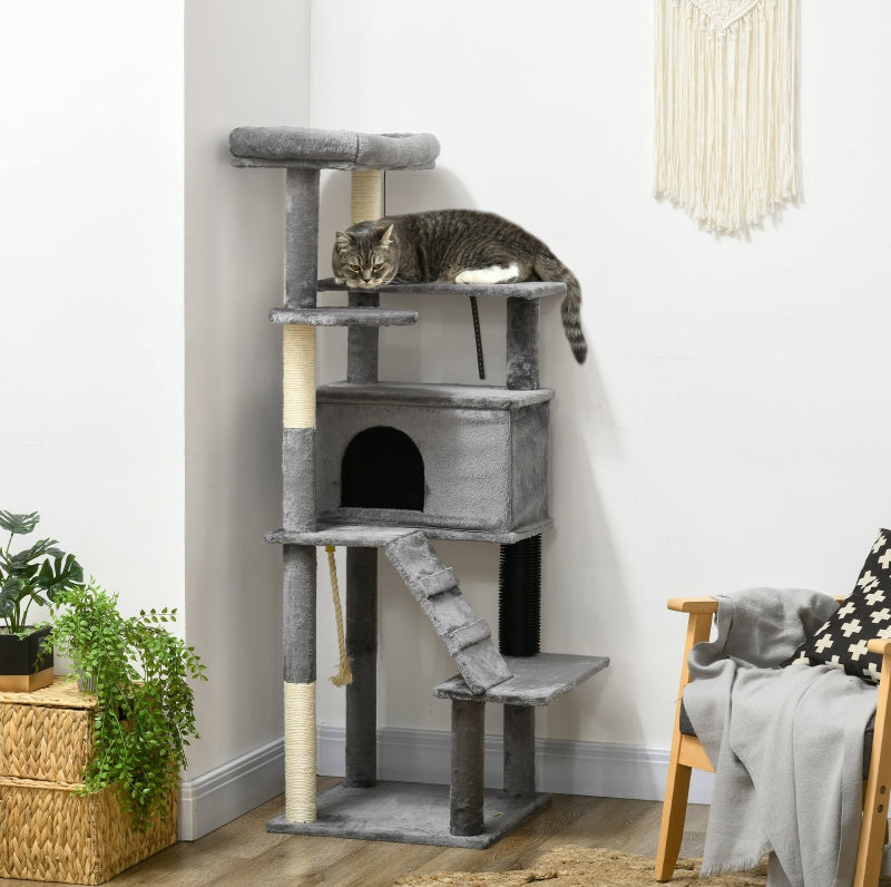 Grey Cat Tree Tower with Scratching Post and Toy