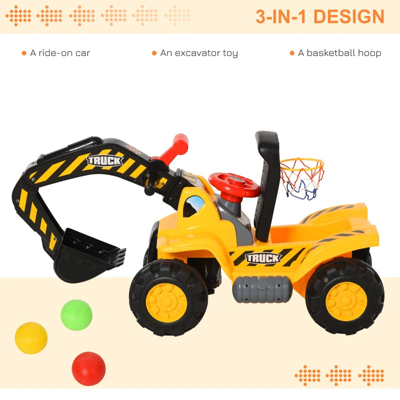 Blue Kids Ride-On Excavator with Basketball Net & Steering Wheel Toy