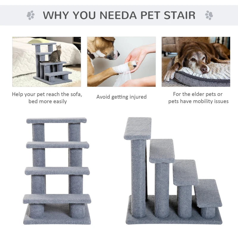 Grey Pet Stairs for Dogs and Cats - 4 Step Bed and Sofa Climbing Ladder 63x43x60 cm