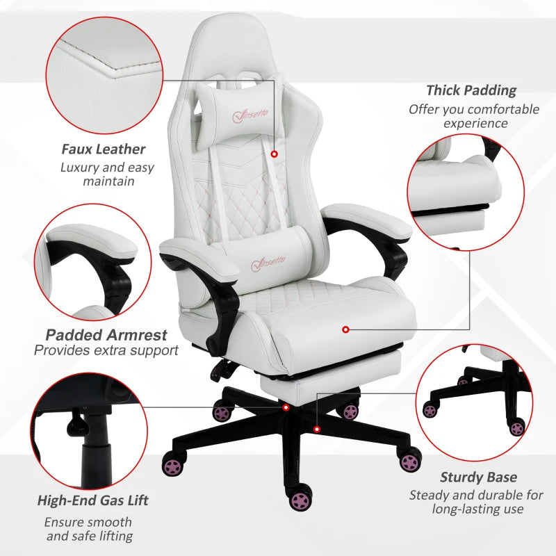 White Racing Gaming Chair with Swivel Wheel & Footrest