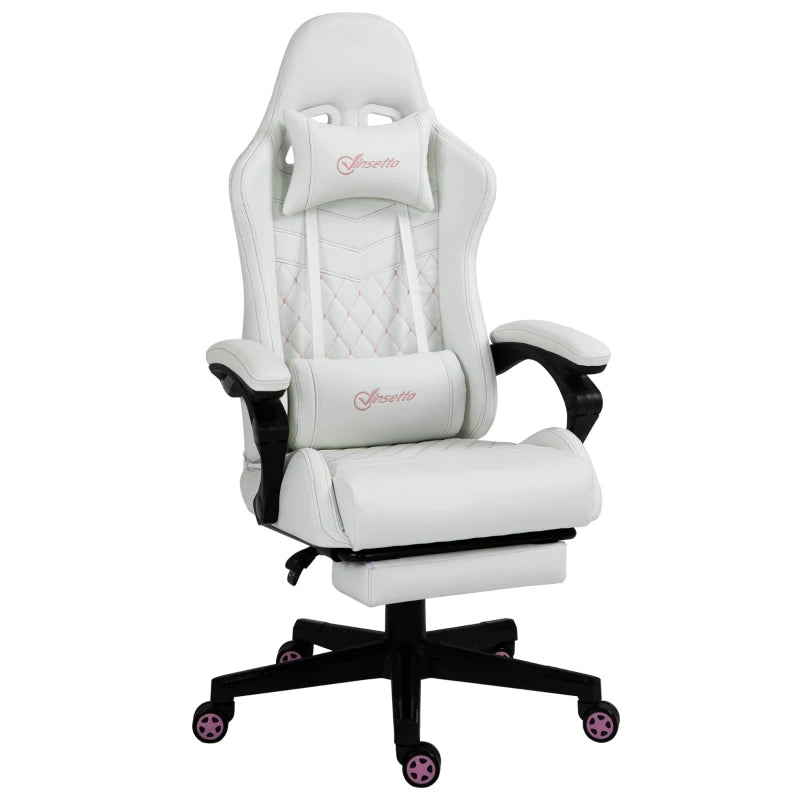 White Racing Gaming Chair with Swivel Wheel & Footrest