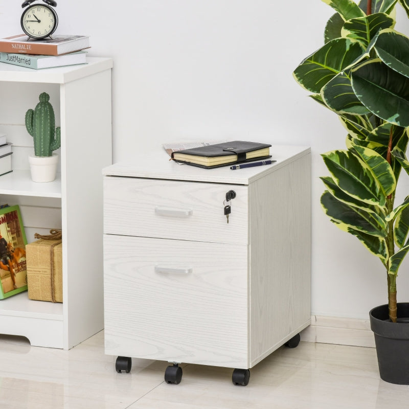 White Wood Grain 2-Drawer Locking Filing Cabinet with Wheels