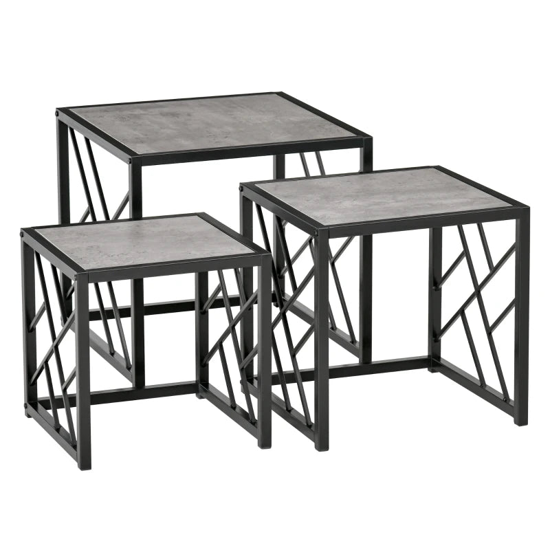 Grey Square Nesting Coffee Tables Set, 3-Piece Black Metal Frame Side Tables