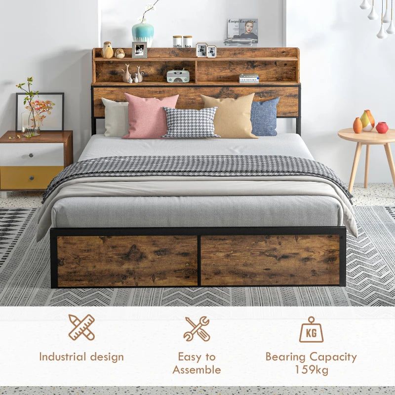 Rustic Brown Steel King Bed Frame with Storage, 5.2FT - Slatted Support, Headboard, Footboard, Under Bed Storage - 158 x 222cm