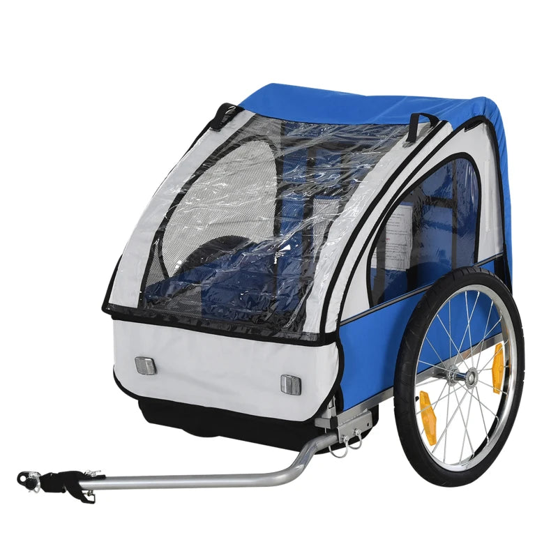 Blue White 2-Seat Child Bike Trailer with Safety Harness