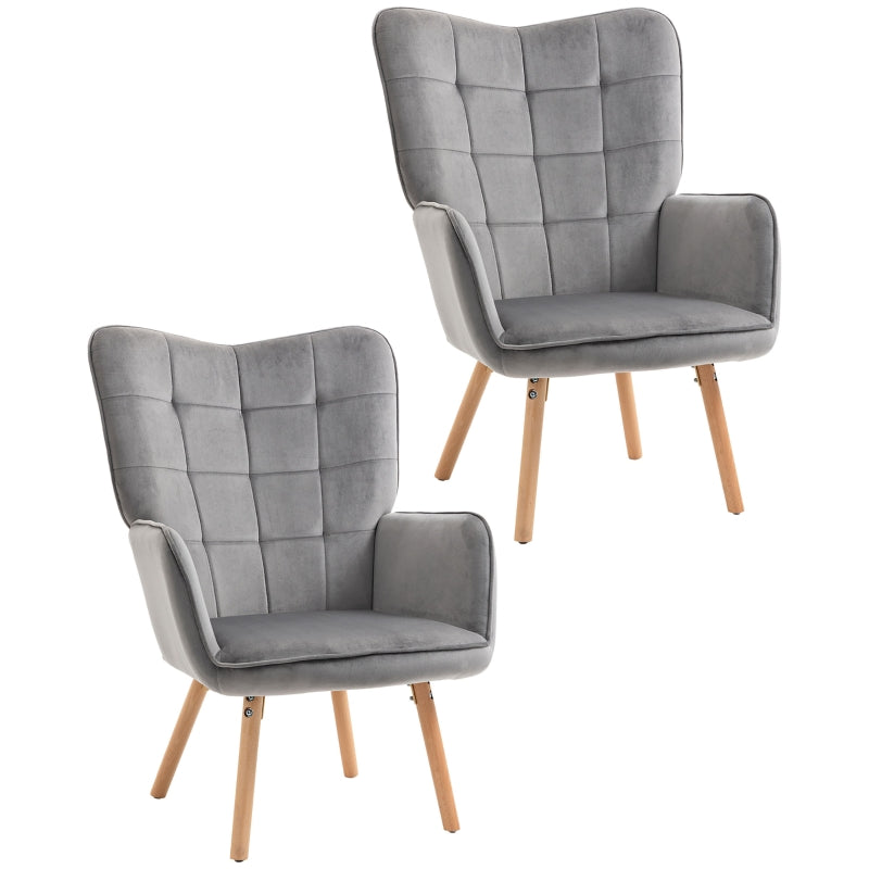 Grey Velvet Tufted Wingback Armchair Set of 2