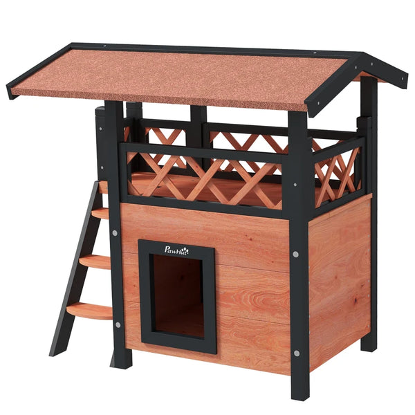 Brown Outdoor Cat House with Balcony and Stairs, 77 x 50 x 73 cm