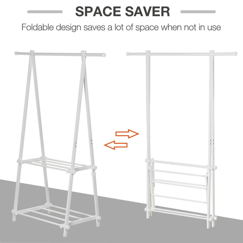 White Foldable Clothes Rack with 2 Shelves - Adjustable Hallway Furniture