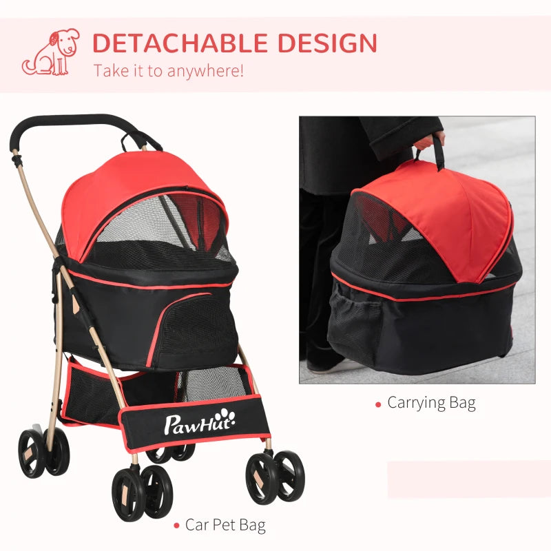 Red Pet Stroller with Rain Cover, 3-in-1 Cat Dog Pushchair