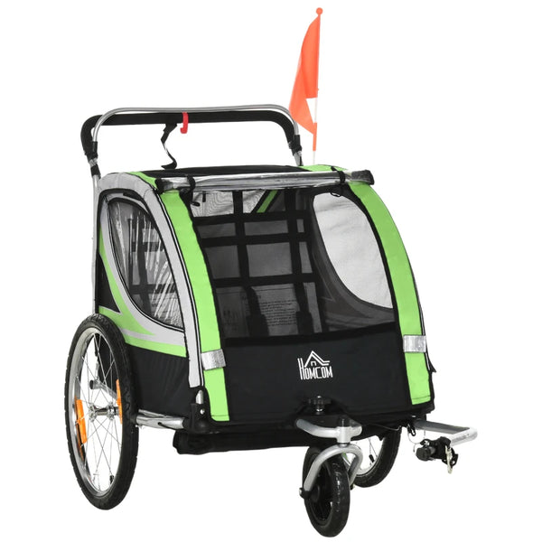 Green 2-Seater Child Bike Trailer & Stroller Combo with Safety Features