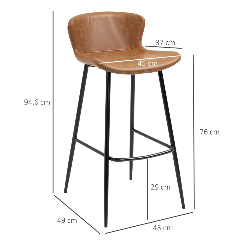 Brown PU Leather Bar Stools Set of 2 with Backs and Steel Legs