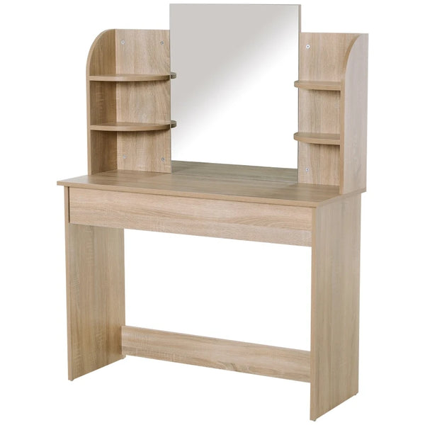Natural Wood Dressing Table with Mirror and Storage