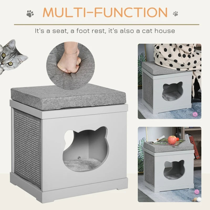 Grey Cat Cube Bed with Soft Cushion and Scratching Pad