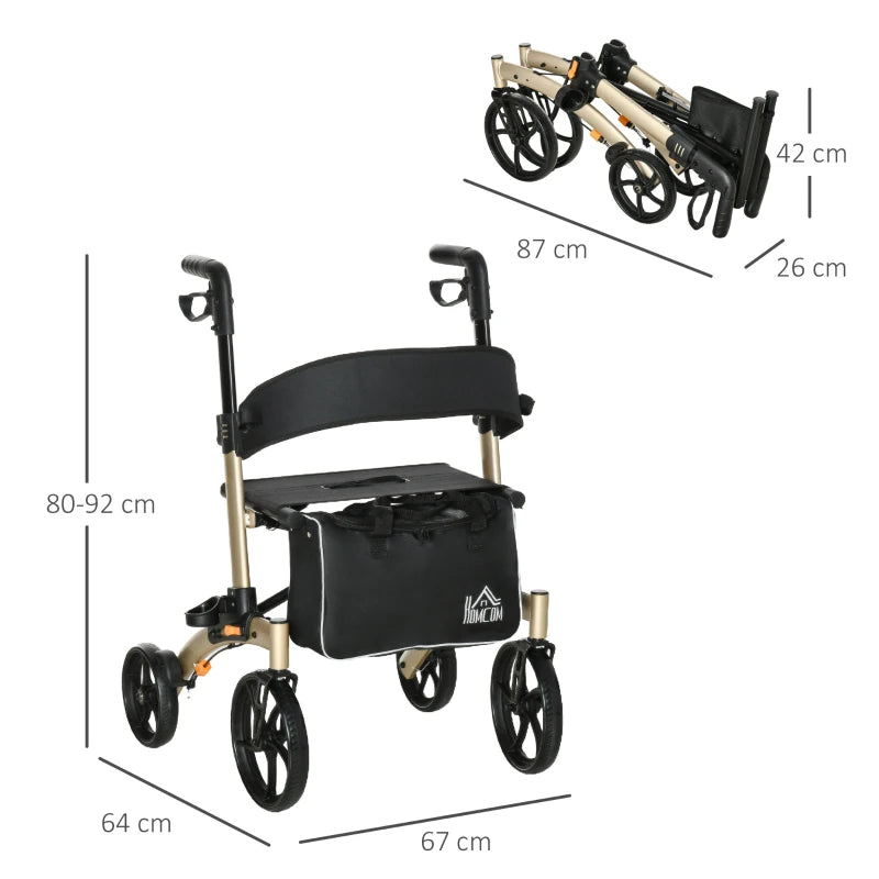 Gold Folding Rollator with Cane Holder and Seat