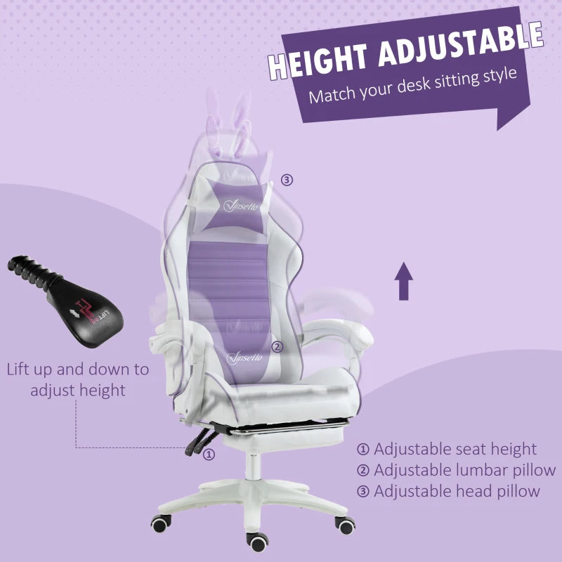 Purple Gaming Chair with Rabbit Ears, Footrest & Support