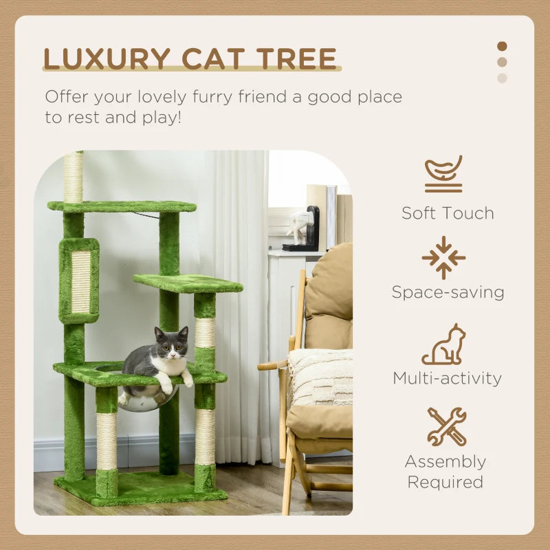 Green Cat Tree Tower with Scratching Post, Hammock, Toy Ball - 142cm