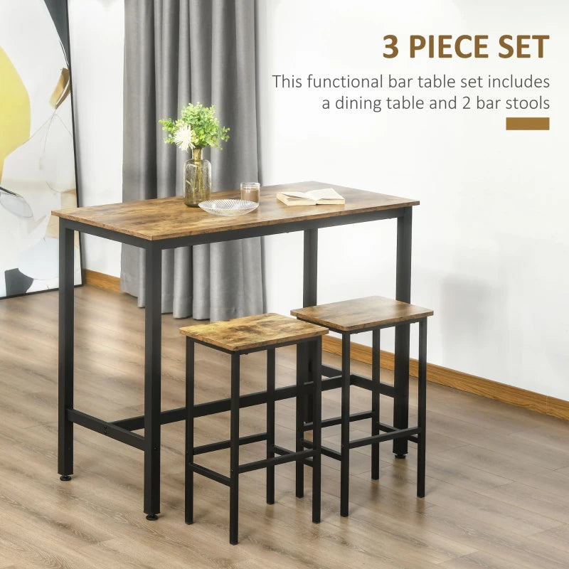 Rustic Brown 3-Piece Industrial Bar Table Set with 2 Stools