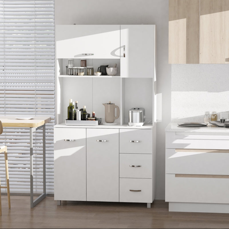 White Kitchen Storage Cabinet with Drawers and Shelves