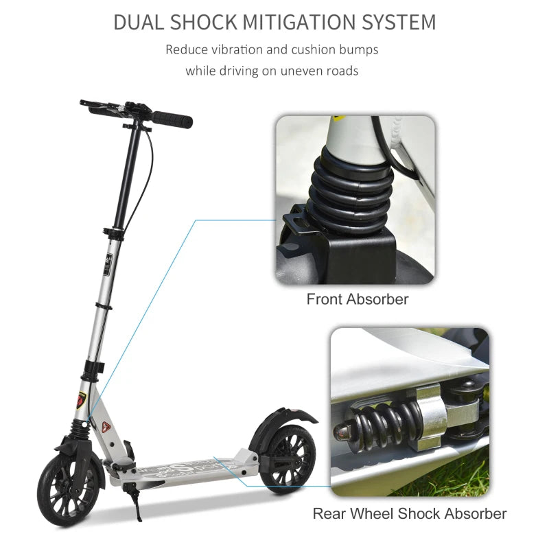 Silver Folding Kick Scooter with Shock Absorption for Teens and Adults