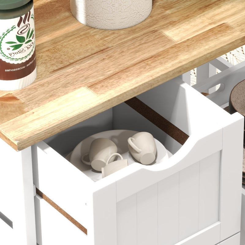 White Rolling Kitchen Island Cart with Shelves & Drawers