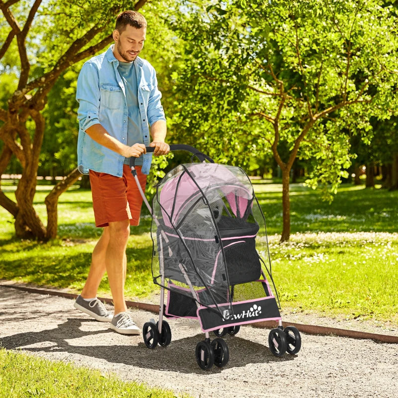 Pink Pet Stroller with Rain Cover - 3-in-1 Cat Dog Pushchair