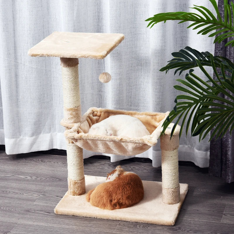 Beige Cat Tree with Scratching Posts and Hammock